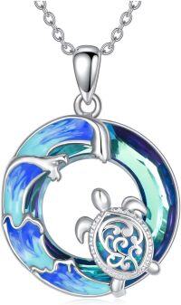 wholesale 925 Sterling Silver Blue Crystal Sea Turtle Pendant Necklace with Chain for Women Girls  (Ocean Wave Design)-Turtle