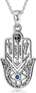 wholesale 925 Sterling Silver Skull Hamsa Hand Pendant with Blue Evil Eye and Skeleton Design Necklace-0-0