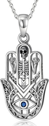 wholesale 925 Sterling Silver Skull Hamsa Hand Pendant with Blue Evil Eye and Skeleton Design Necklace-Skull Hamsa Necklace