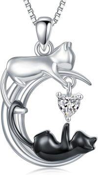 wholesale 925 Sterling Silver Onyx Cat Moon Pendant Necklace Women s Jewelry Gift-April - Created Diamond