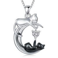 wholesale 925 Sterling Silver Onyx Cat Moon Pendant Necklace Women s Jewelry Gift-April - Created Diamond
