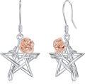 wholesale 925 Sterling Silver Pink Rose Pentagram Flower Earrings, Nickel-Free Lead-Free, Elegant Dangle Jewelry for Women, Gift for Her-0-0