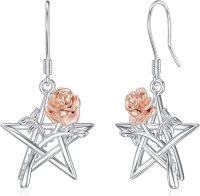 wholesale 925 Sterling Silver Pink Rose Pentagram Flower Earrings, Nickel-Free Lead-Free, Elegant Dangle Jewelry for Women, Gift for Her-Pentagram