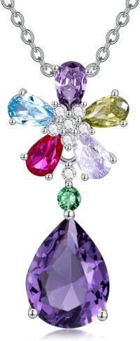 wholesale Sterling Silver Aquamarine Amethyst Ruby Pendant Necklace for Women-Flower-Amethyst