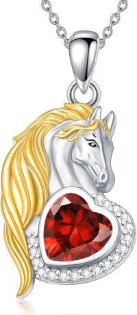 wholesale 925 Sterling Silver Synthetic Birthstone Horse Pendant Necklace Gift for Women-January - Garnet