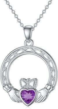 wholesale 925 Sterling Silver Claddagh Necklace w Simulated Birthstone Celtic Knot Heart Pendant-2-February