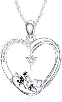 wholesale Silver Stone Cat Heart Necklace w Initial 26 Alphabets Gift-Y