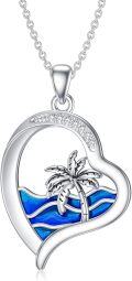 wholesale 925 Sterling Silver Blue Enamel Palm Tree Ocean Wave Heart Pendant Necklace for Women-0-0