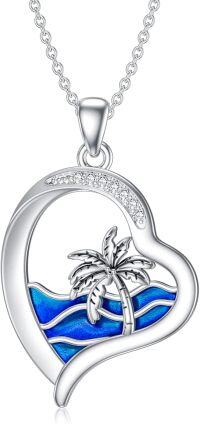 wholesale 925 Sterling Silver Blue Enamel Palm Tree Ocean Wave Heart Pendant Necklace for Women-a