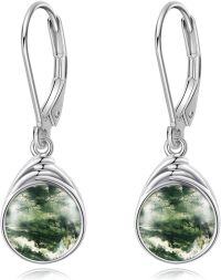 wholesale Sterling Silver Moonstone Turquoise Larimar Moss Agate White Opal Rose Quartz Labradorite Lapis Lazuli Black Agate Leverback Earrings-Moss Agate