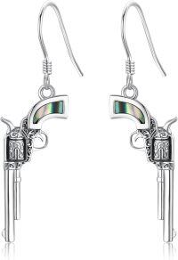 wholesale 925 Sterling Silver Abalone Inlay Cowgirl Cowboy Revolver Gun Boot Dangle Drop Earrings Western Jewelry-revolver gun