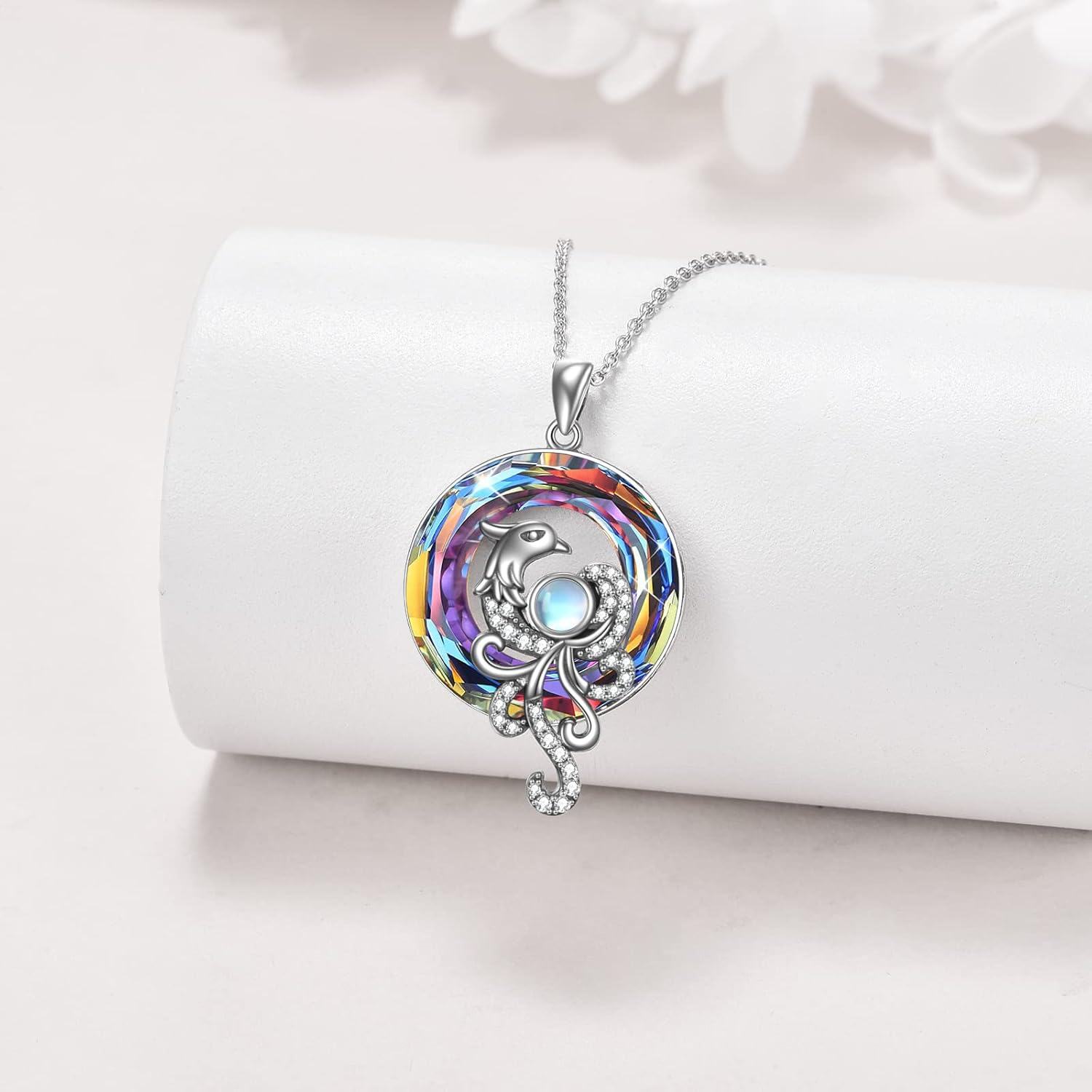 wholesale 925 Sterling Silver Rainbow Crystal Phoenix Bird Women's Pendant Necklace-0-2