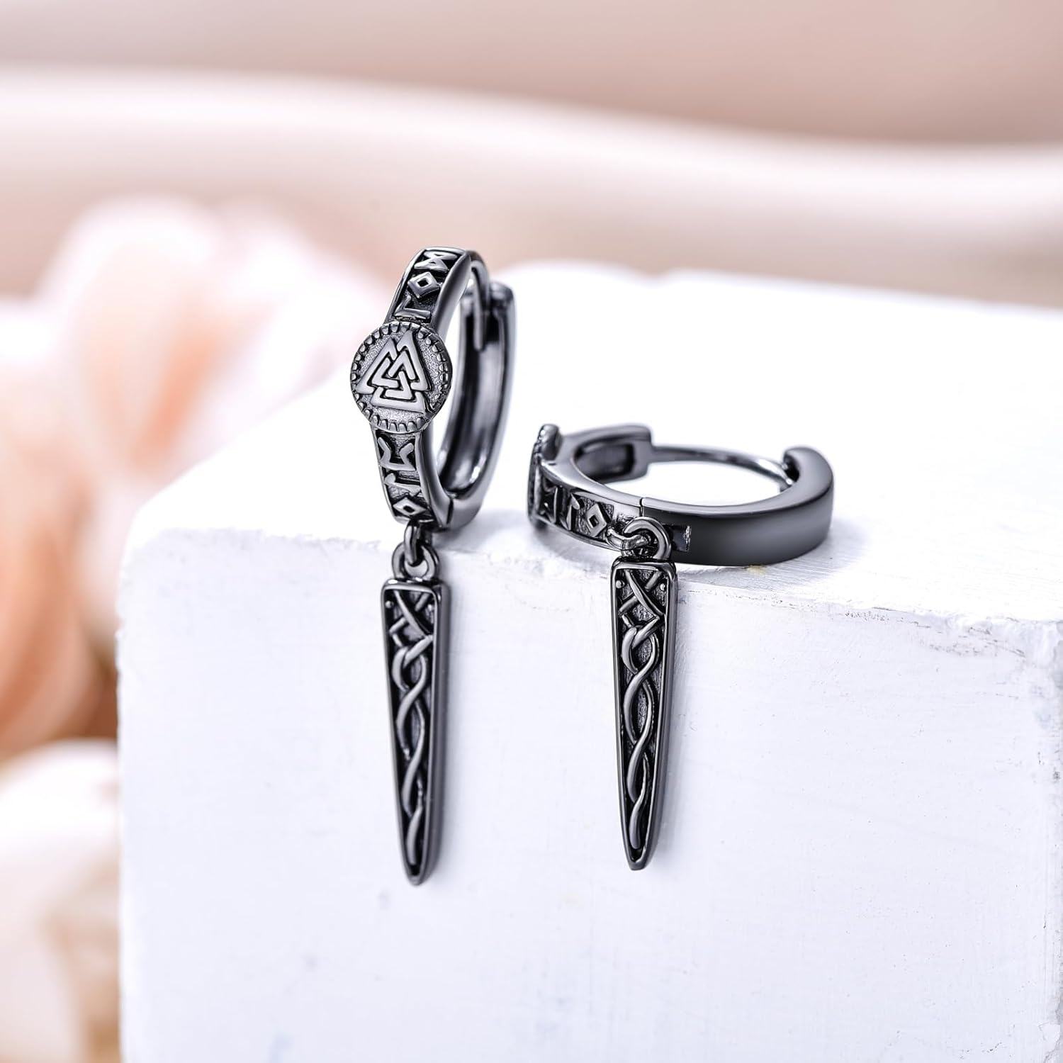 Sterling Silver Gothic Punk Black Viking Runes Wolf Head Valknut Drop Dangle Earrings-0-5