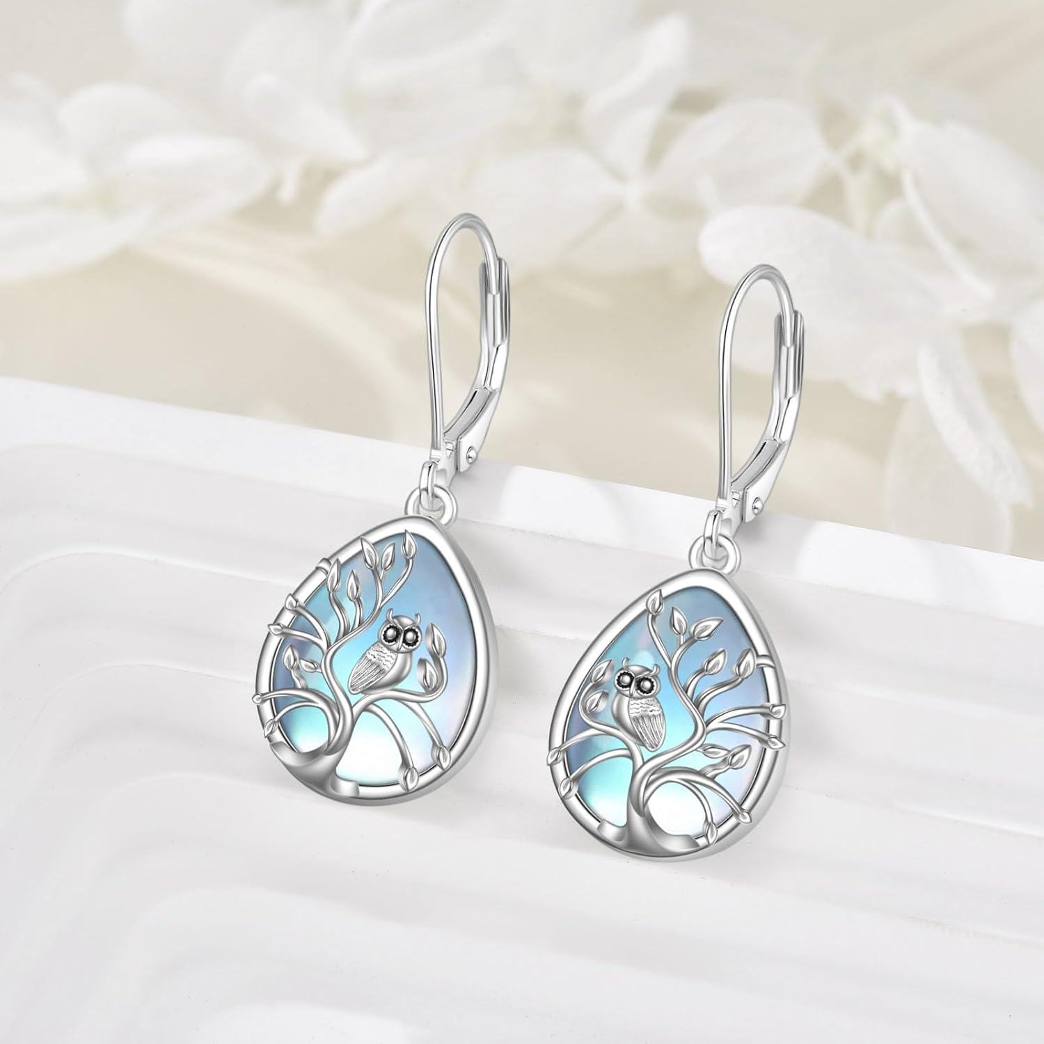 wholesale 925 Sterling Silver Teardrop Moonstone Tree of Life Owl Drop Earrings-0-2