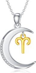 wholesale 925 Sterling Silver Aries Zodiac Sign Pendant with Crescent Moon and Cubic Zirconias Necklace for Women-0-0