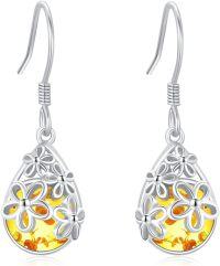 wholesale 925 Sterling Silver Amber Daisy Earrings – Hypoallergenic, 0.39x1.1 Inch, 3.2g-yellow-amber