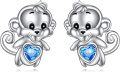 wholesale 925 Sterling Silver Animal Stud Earrings - Monkey with Blue Heart Crystal-0-0