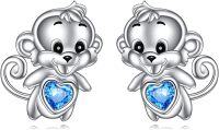 wholesale 925 Sterling Silver Animal Stud Earrings - Monkey with Blue Heart Crystal-Monkey