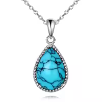 wholesale 925 Sterling Silver Moss Agate Turquoise Larimar Aquamarine Opal Black Onyx Rose Quartz Moonstone Pendant Necklace-Turquoise2