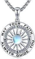 wholesale 925 Sterling Silver Moonstone Nautical Compass Pendant Necklace  with Faith Message-0-0