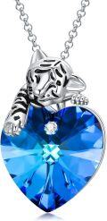 wholesale 925 Sterling Silver Blue Crystal Heart with Tiger Charm Pendant Necklace s for Women and Girls-0-0