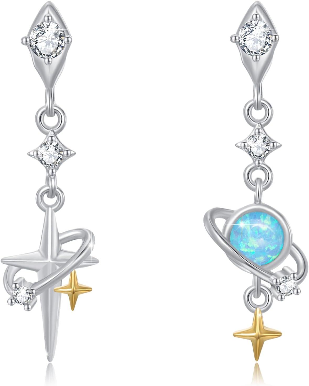 Sterling Silver Moonstone Birthstone Opal Star Planet Panda Whale Heart Earrings for Women -Stars and Planets Earrings - Blue Opal