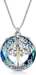 wholesale TOUPOP Tree Of Life Necklace Sterling Silver Cross Pendant Necklace With Blue Crystal Celtic Religion Jewelry Gifts For Women Men, White Gold And Yellow Gold -0-0
