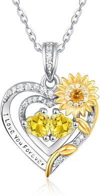 wholesale Sterling Silver 2 Birthstones Sunflower Heart Necklace for Women-11-11-Nov-Nov