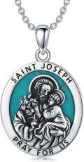 wholesale 925 Sterling Silver Round Genuine Turquoise Saint Joseph Pray For Us Pendant Necklace with 48cm Chain for Women and Men-0-0