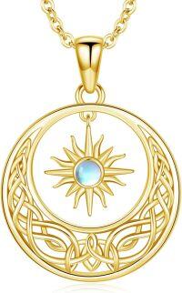 wholesale 925 Sterling Silver Celtic Knot Moon and Star Pendant Necklace with Blue Moonstone for Women-Sun and Moon Necklace - Gold