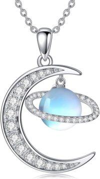 wholesale 925 Sterling Silver Moonstone & Cubic Zirconia Moon Saturn Necklace, Celestial Jewelry Gift for Astronomy Lovers-Saturn