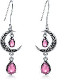 wholesale Sterling Silver Moon Earrings w Emerald Amethyst Ruby Sapphire Pink Peridot Aquamarine Citrine Black Rainbow Topaz Celtic Dangle Drops-Pink