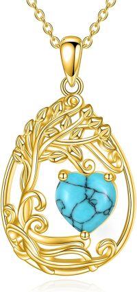 wholesale Sterling Silver Yellow Gold Plated Gemstone Tree of Life Pendant Necklace-12-Dec-Turquoise