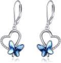 wholesale 925 Sterling Silver Blue Crystal Butterfly Heart Drop Earrings for Women-0-0