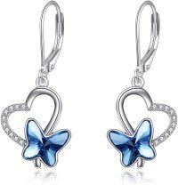 wholesale 925 Sterling Silver Blue Crystal Butterfly Heart Drop Earrings for Women-blue
