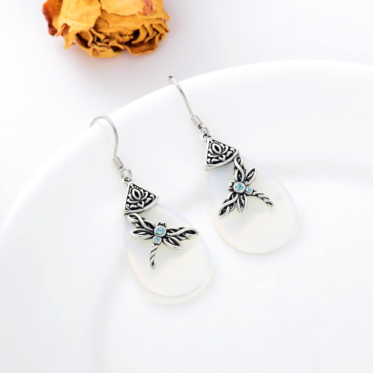 925 Sterling Silver Teardrop Lotus Flower & Blue Crystal Dragonfly Dangle Earrings Celtic  for Women Her Wife Mom-0-1