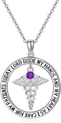 wholesale 925 Sterling Silver 12 Birthstones Nurse Necklace with Caduceus Nursing Graduation Gift-Feb.