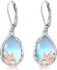wholesale 925 Sterling Silver Teardrop Dangle Earrings with Blue Opal and Rose Gold Plated Birds Design for Women-Hummingbird
