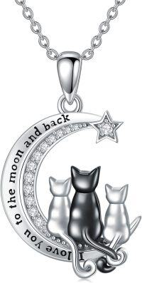 wholesale 925 Sterling Silver Moonstone Cat Family Pendant Necklace with Stars and Engraving - Gifts for Women-3 Cats on the Moon