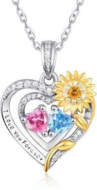 wholesale Sterling Silver 2 Birthstones Sunflower Heart Necklace for Women-10-12-Oct-Dec