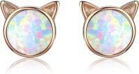 wholesale 925 Sterling Silver Cat Opal Stud Earrings Tiny Cute Animal Cat Pierced Earrings Jewelry for Women-Opal(Rose Gold)
