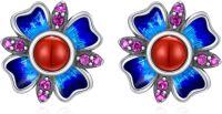 wholesale 925 Sterling Silver Blue Opal Pink Sapphire Red Coral Flower Stud Earrings - Chinese Style  for Women Girls-Blue Flower-Agate