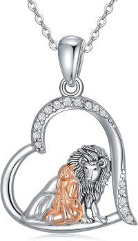 wholesale 925 Sterling Silver Heart-Shaped Lion Pendant Necklace with Cubic Zirconia Stones for Women Girls  48cm Chain Length-Lion
