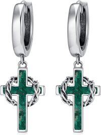 wholesale Sterling Silver Cross Hoop Earrings with Crown of Thorns for Men Women-Malachite
