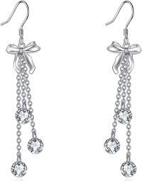 wholesale 925 Sterling Silver Bowknot Crystal Chain Tassel Threader Dangle Earrings for Women-Bow Knot
