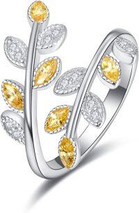 wholesale Sterling Silver Cubic Zirconia Dainty Leaf Rainbow Adjustable Open Ring-yellow cubic zirconia ring