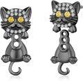 wholesale 925 Sterling Silver Black Stone Cat Kitten Stud Earrings with Yellow Eyes and White Rhinestones - Adorable Animal  for Women-0-0