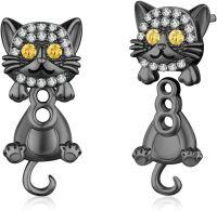 wholesale 925 Sterling Silver Black Stone Cat Kitten Stud Earrings with Yellow Eyes and White Rhinestones - Adorable Animal  for Women-Black