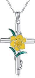 wholesale 925 Sterling Silver Yellow Daffodil Floral Cross Pendant Necklace for Women-0-0