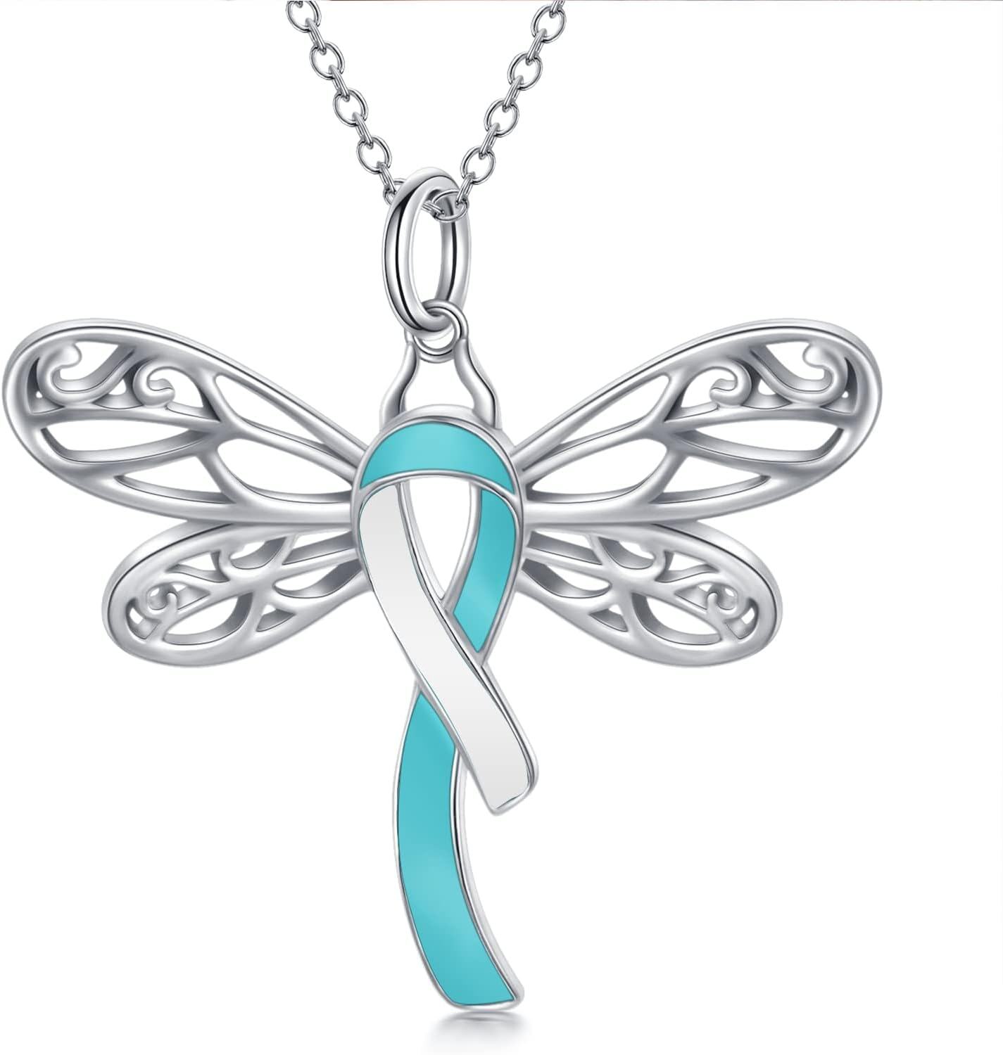  Silver Stone Cancer Survivor Necklace Women s Awareness Gift -02-Dragonfly-teal&white-Cervical Cancer-02-Dragonfly-teal&white-Cervical Cancer
